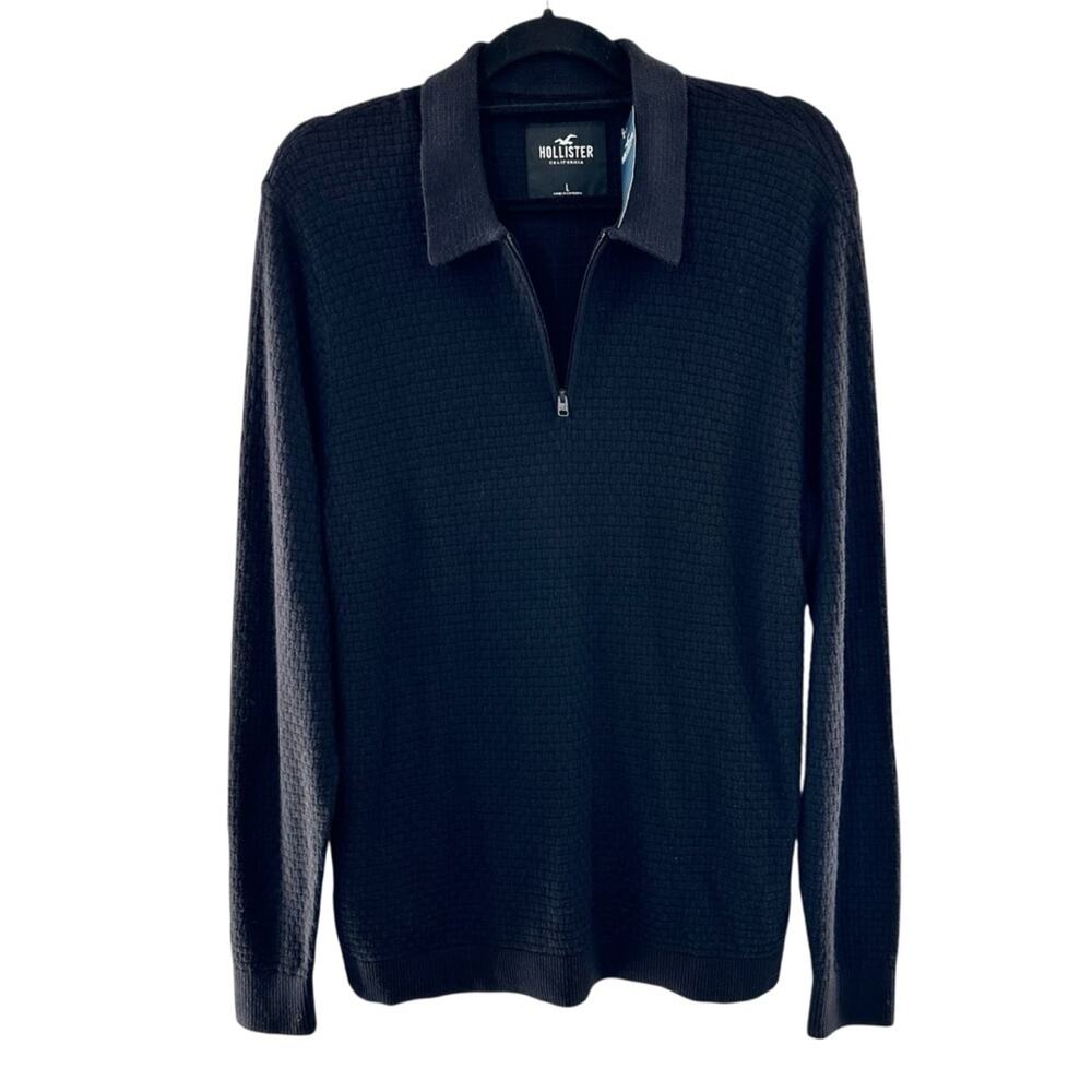 Hollister NWT Black Waffle-Knit 1/4 Zip Long Sleeve Pull Over Sweater